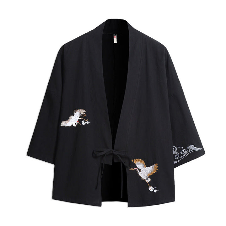Kimono homme manches trois-quarts brodé avec Buddha Stones et grue blanche et nuages ​​de bon augure - Noir - US/UK/AU46，EU56 (5XL) - image 2