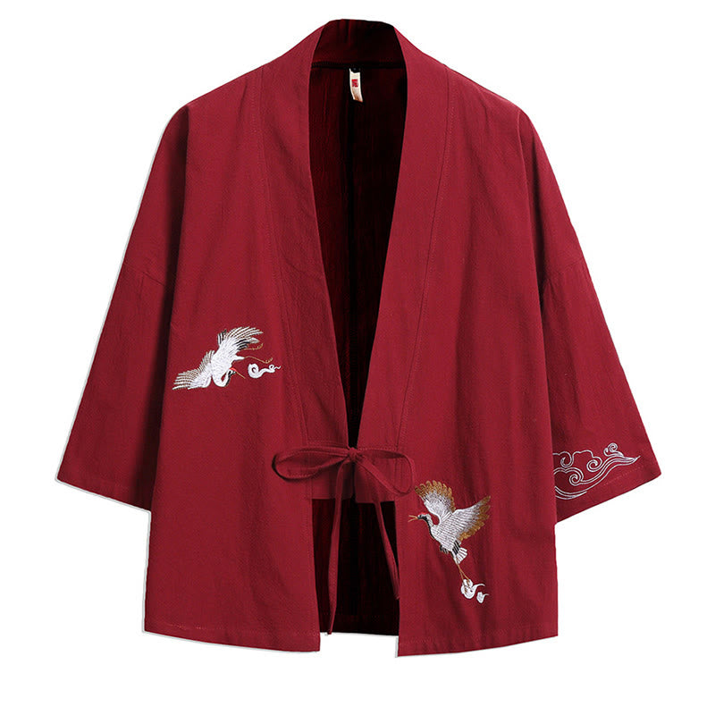 Kimono homme manches trois-quarts brodé avec Buddha Stones et grue blanche et nuages ​​de bon augure - Rouge - US/UK/AU46，EU56 (5XL) - image 4