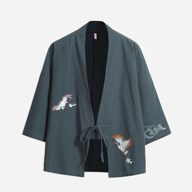 Kimono homme manches trois-quarts brodé avec Buddha Stones et grue blanche et nuages ​​de bon augure - CadetBlue - US/UK/AU46，EU56 (5XL) - image 13