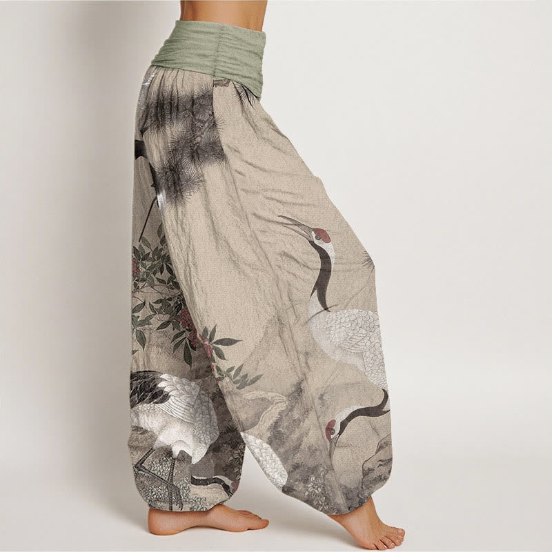 Pantalon Buddha Stones en pur coton avec motif grue à couronne rouge et pin pour femme, taille élastique - image 2
