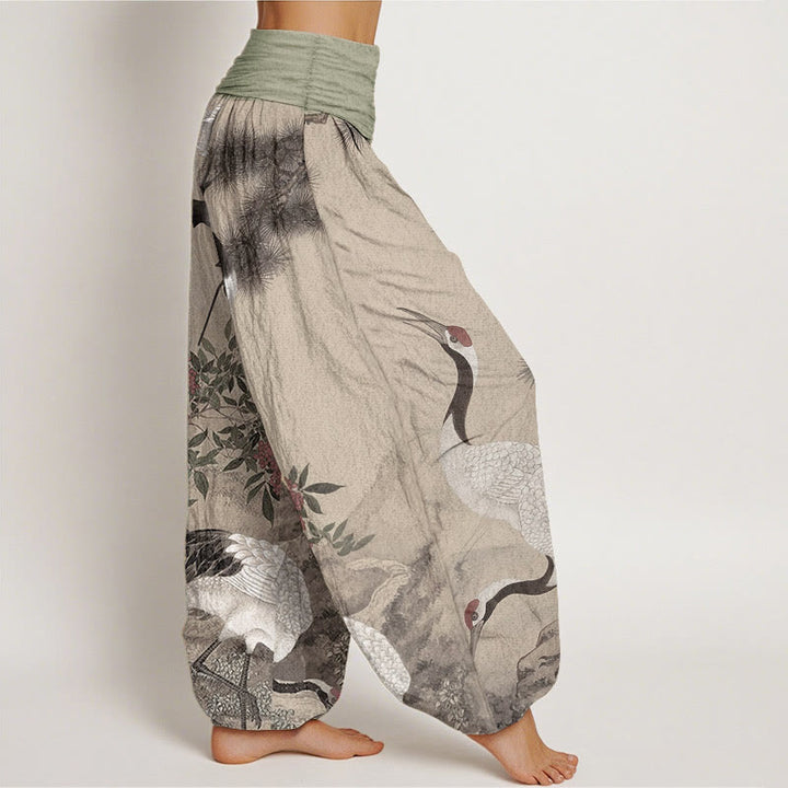 Pantalon Buddha Stones en pur coton avec motif grue à couronne rouge et pin pour femme, taille élastique - image 2