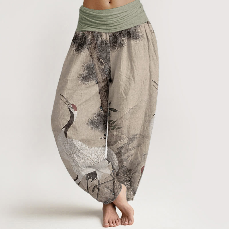 Pantalon Buddha Stones en pur coton avec motif grue à couronne rouge et pin pour femme, taille élastique - Blé - US22，UK/AU26，EU54 (6XL) - image 0