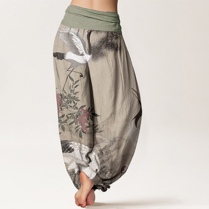 Pantalon Buddha Stones en pur coton avec motif grue à couronne rouge et pin pour femme, taille élastique - image 1