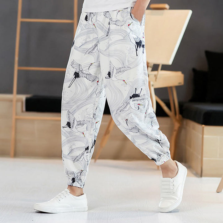 Pantalon sarouel pour homme avec poches, motif grue et Buddha Stones - Blanc - US/UK/AU46，EU56 (5XL) - image 8