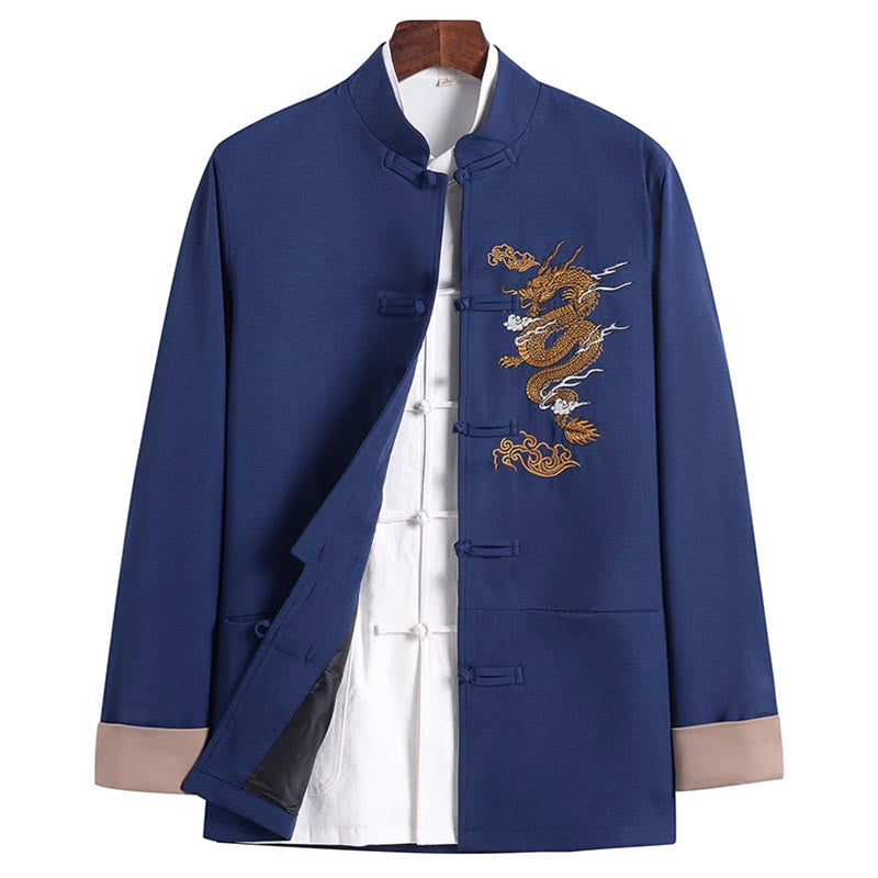 Veste à manches longues pour homme avec broderie de Buddha Stones et dragon et bouton grenouille - Bleu acier - US/UK/AU44，EU54 (4XL) - image 14