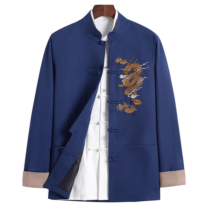 Veste à manches longues pour homme avec broderie de Buddha Stones et dragon et bouton grenouille - Bleu acier - US/UK/AU44，EU54 (4XL) - image 14