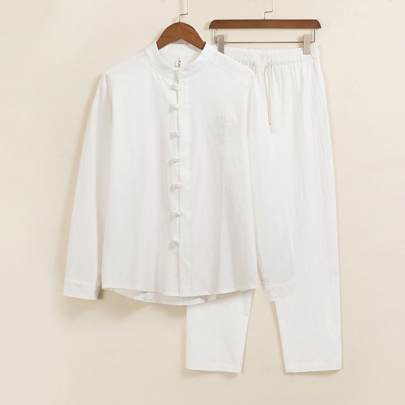 Ensemble 2 Buddha Stones et pantalon en coton uni à manches longues et boutons grenouille pour homme avec poches - Blanc - US/UK/AU46，EU56 (5XL) - image 1