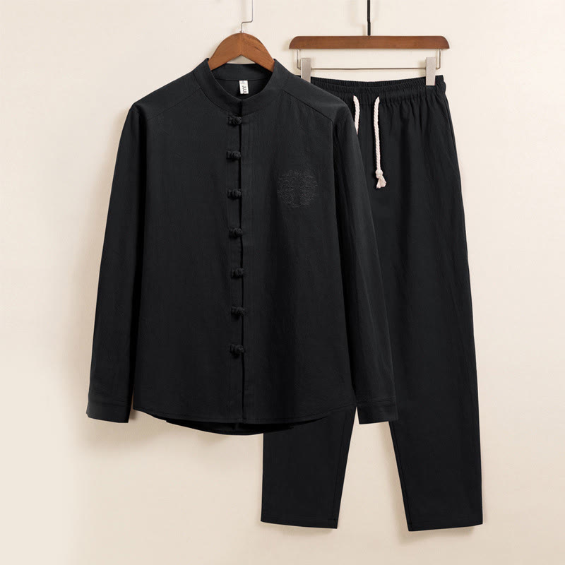 Ensemble 2 Buddha Stones et pantalon en coton uni à manches longues et boutons grenouille pour homme avec poches - Noir - US/UK/AU46，EU56 (5XL) - image 0