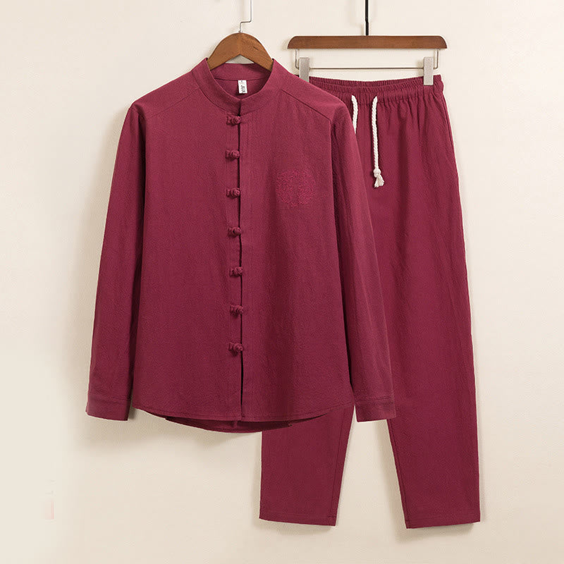 Ensemble 2 Buddha Stones et pantalon en coton uni à manches longues et boutons grenouille pour homme avec poches - FireBrick - US/UK/AU46，EU56 (5XL) - image 2
