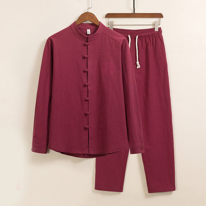 Ensemble 2 Buddha Stones et pantalon en coton uni à manches longues et boutons grenouille pour homme avec poches - FireBrick - US/UK/AU46，EU56 (5XL) - image 2