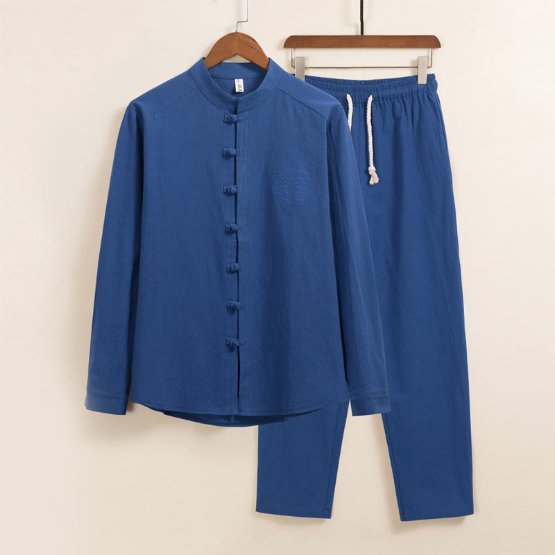 Ensemble 2 Buddha Stones et pantalon en coton uni à manches longues et boutons grenouille pour homme avec poches - Bleu royal - US/UK/AU46，EU56 (5XL) - image 14