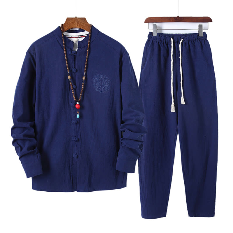 Ensemble 2 Buddha Stones et pantalon en coton à manches longues et boutons grenouille pour homme, couleur unie, avec poches - Bleu royal - US/UK/AU46，EU56 (5XL) - image 19