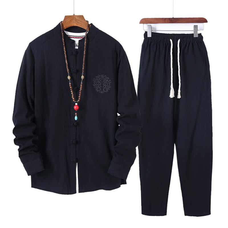 Ensemble 2 Buddha Stones et pantalon en coton à manches longues et boutons grenouille pour homme, couleur unie, avec poches - Noir - US/UK/AU46，EU56 (5XL) - image 0