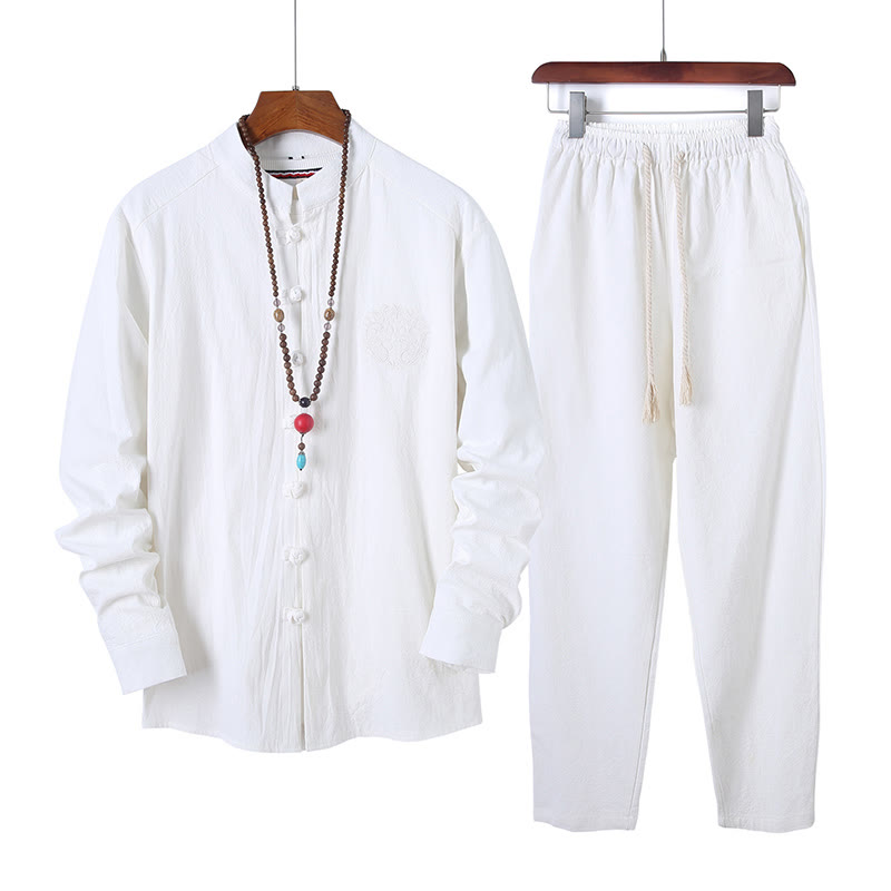Ensemble 2 Buddha Stones et pantalon en coton à manches longues et boutons grenouille pour homme, couleur unie, avec poches - Blanc - US/UK/AU46，EU56 (5XL) - image 9