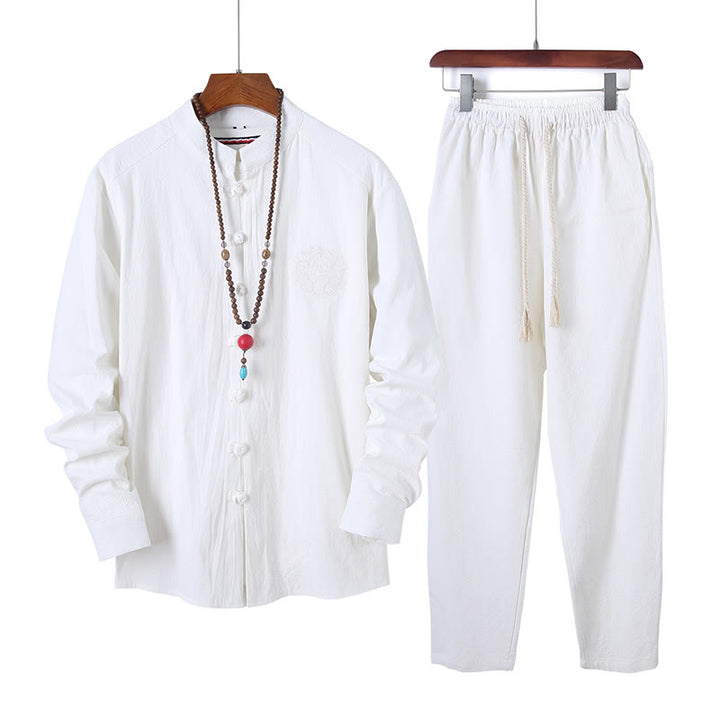 Ensemble 2 Buddha Stones et pantalon en coton à manches longues et boutons grenouille pour homme, couleur unie, avec poches - Blanc - US/UK/AU46，EU56 (5XL) - image 9