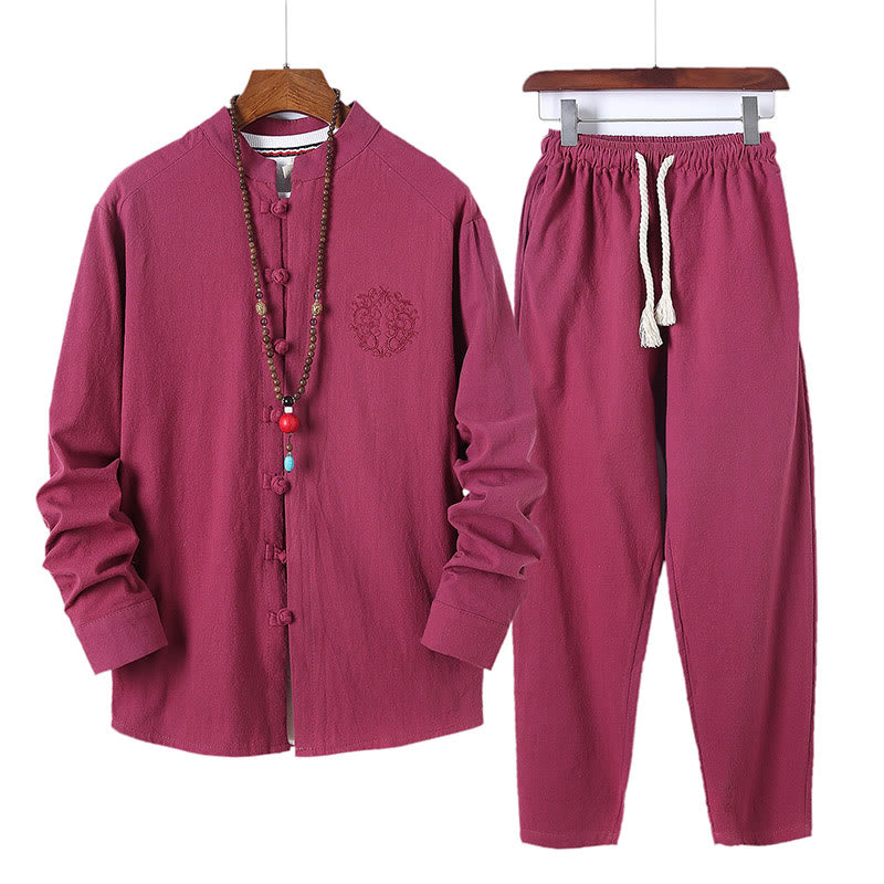 Ensemble 2 Buddha Stones et pantalon en coton à manches longues et boutons grenouille pour homme, couleur unie, avec poches - Brique réfractaire - US/UK/AU46，EU56 (5XL) - image 29