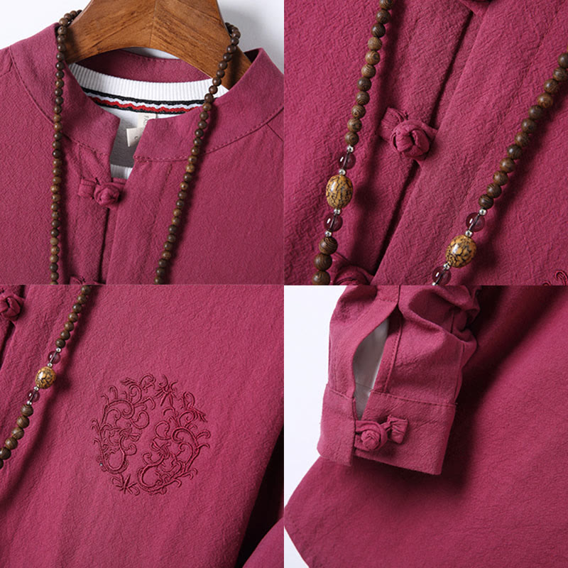 Ensemble 2 Buddha Stones et pantalon en coton à manches longues et boutons grenouille pour homme, couleur unie, avec poches - image 33