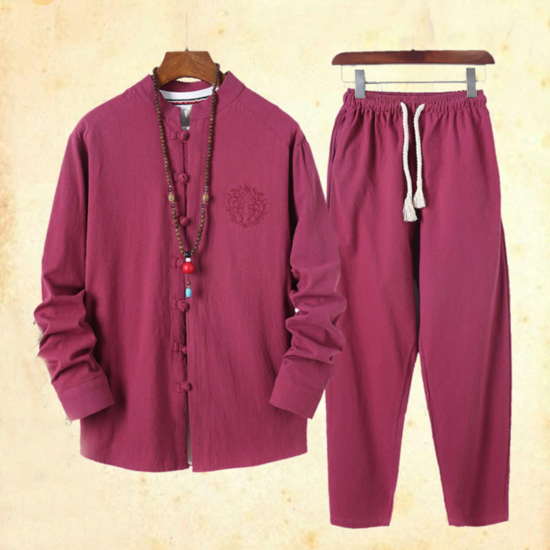 Ensemble 2 Buddha Stones et pantalon en coton à manches longues et boutons grenouille pour homme, couleur unie, avec poches - image 43