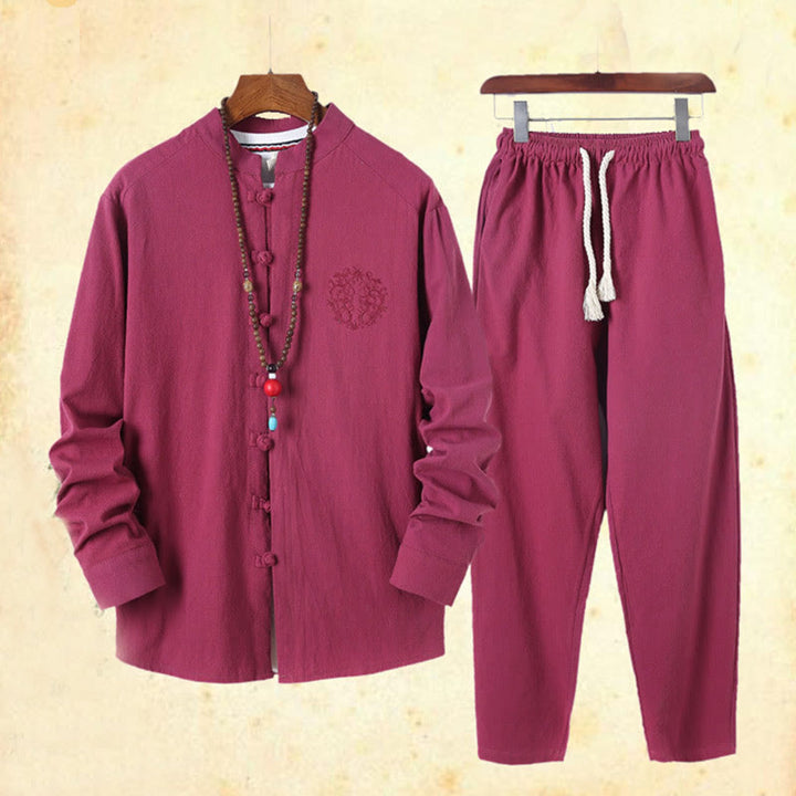Ensemble 2 Buddha Stones et pantalon en coton à manches longues et boutons grenouille pour homme, couleur unie, avec poches - image 43