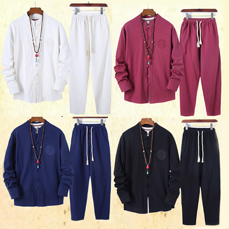 Ensemble 2 Buddha Stones et pantalon en coton à manches longues et boutons grenouille pour homme, couleur unie, avec poches - image 44