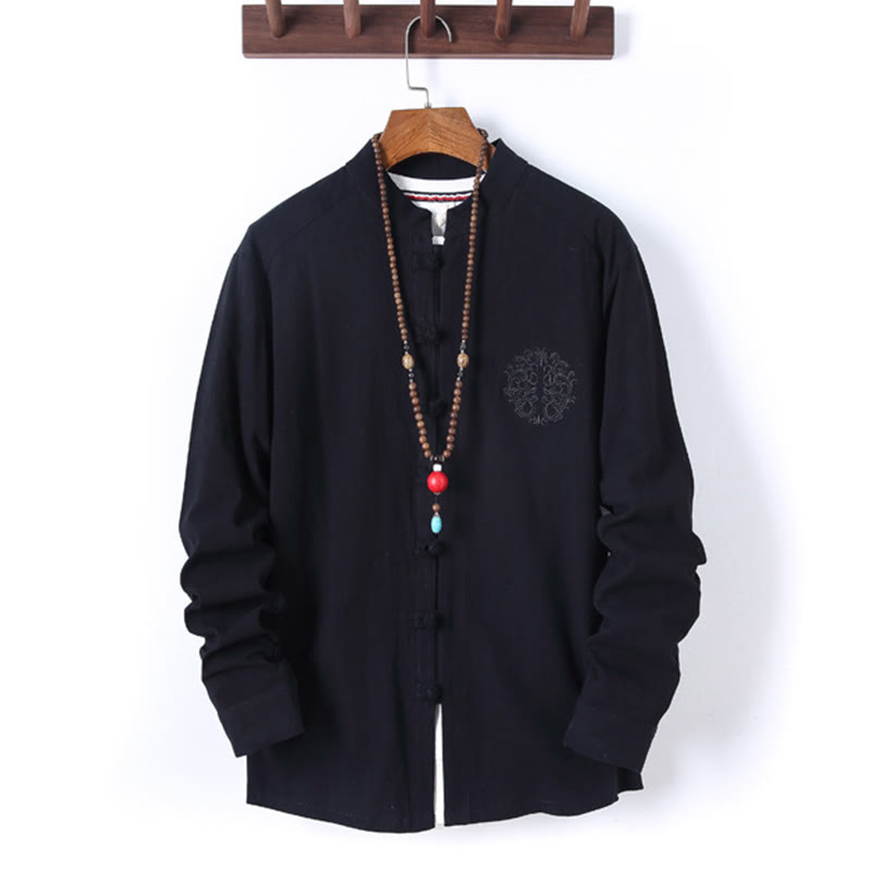 Ensemble 2 Buddha Stones et pantalon en coton à manches longues et boutons grenouille pour homme, couleur unie, avec poches - image 1