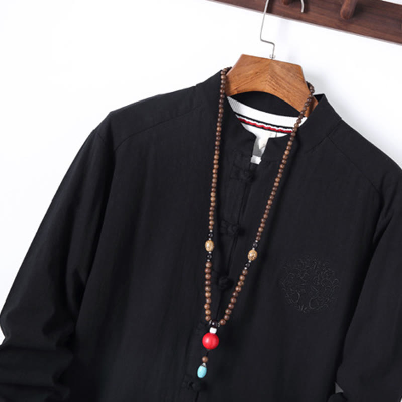 Ensemble 2 Buddha Stones et pantalon en coton à manches longues et boutons grenouille pour homme, couleur unie, avec poches - image 3