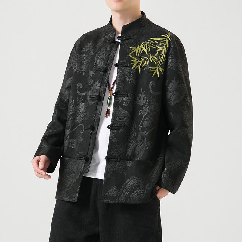 Veste à manches longues pour homme, motif dragon en bambou et Buddha Stones , avec boutons en forme de grenouille - Noir - US/UK/AU46，EU56 (5XL) - image 0
