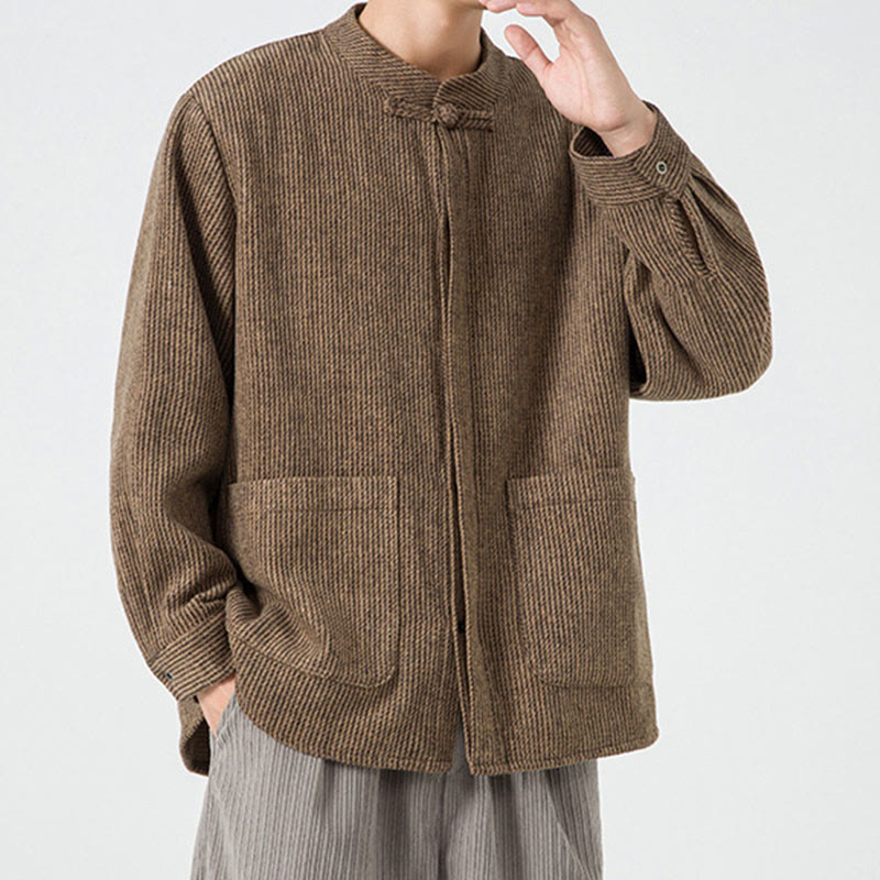 Veste en Buddha Stones côtelé de coton à manches longues et boutons grenouille pour homme, couleur unie, avec poches - image 7