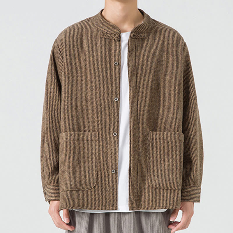Veste en Buddha Stones côtelé de coton à manches longues et boutons grenouille pour homme, couleur unie, avec poches - Tanné - US/UK/AU48，EU58(5XL) - image 0