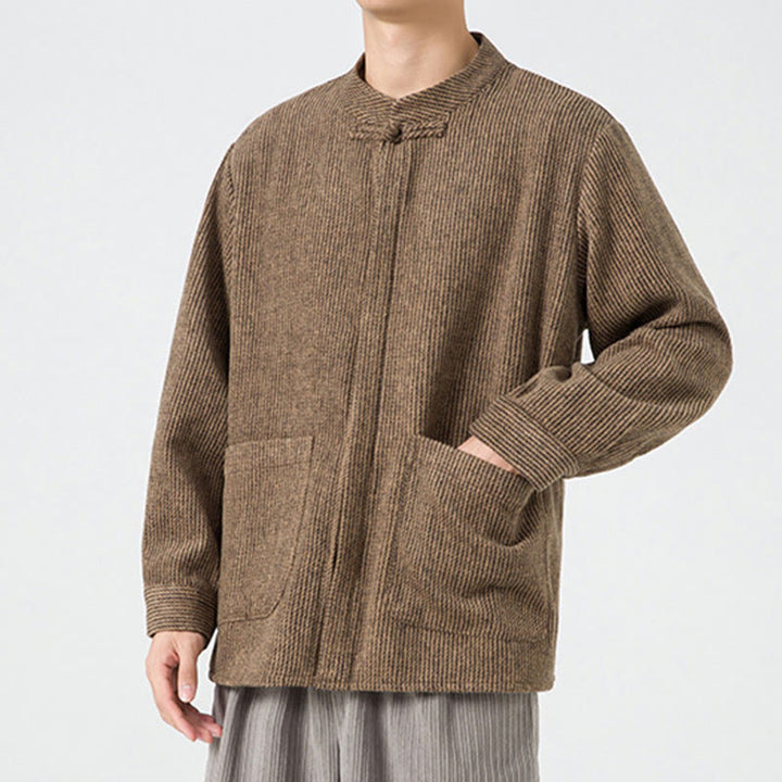 Veste en Buddha Stones côtelé de coton à manches longues et boutons grenouille pour homme, couleur unie, avec poches - image 6