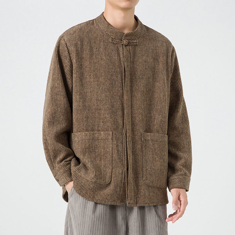 Veste en Buddha Stones côtelé de coton à manches longues et boutons grenouille pour homme, couleur unie, avec poches - image 2