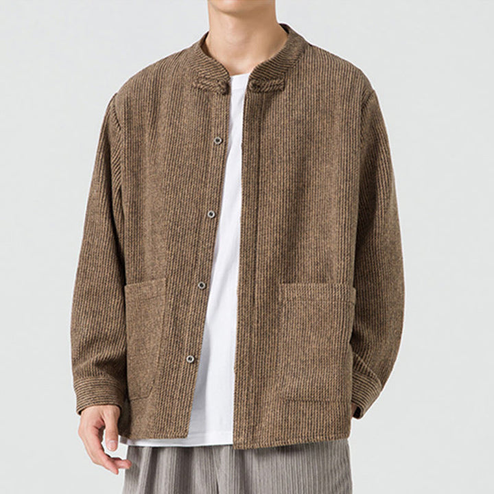 Veste en Buddha Stones côtelé de coton à manches longues et boutons grenouille pour homme, couleur unie, avec poches - image 3