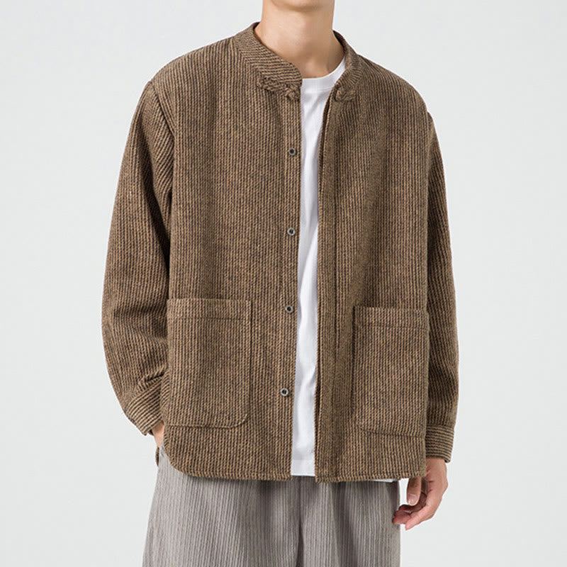 Veste en Buddha Stones côtelé de coton à manches longues et boutons grenouille pour homme, couleur unie, avec poches - image 1