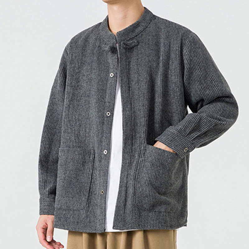 Veste en Buddha Stones côtelé de coton à manches longues et boutons grenouille pour homme, couleur unie, avec poches - image 11