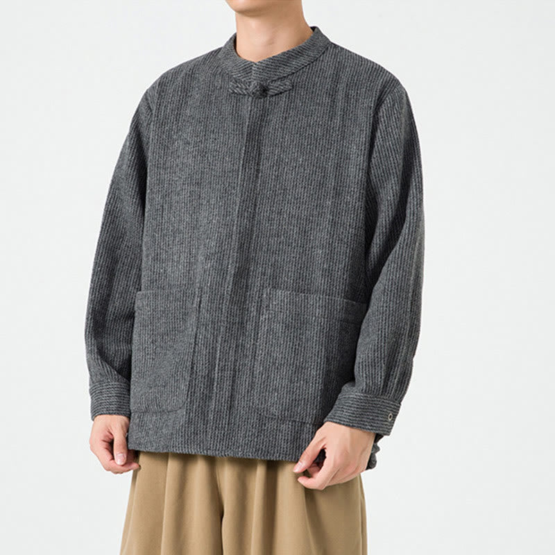 Veste en Buddha Stones côtelé de coton à manches longues et boutons grenouille pour homme, couleur unie, avec poches - image 16