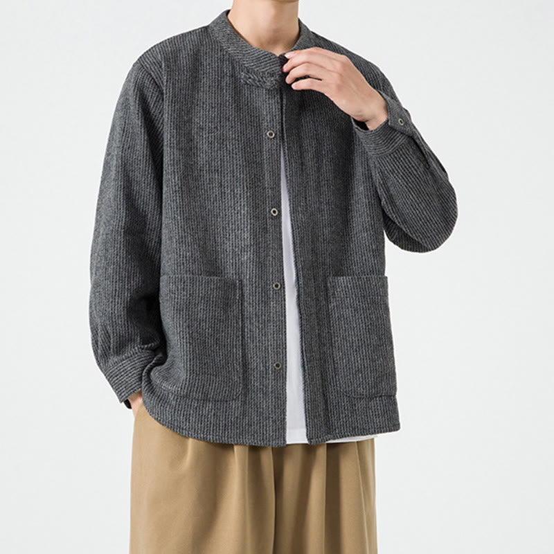 Veste en Buddha Stones côtelé de coton à manches longues et boutons grenouille pour homme, couleur unie, avec poches - image 18
