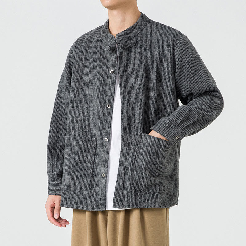 Veste en Buddha Stones côtelé de coton à manches longues et boutons grenouille pour homme, couleur unie, avec poches - image 17