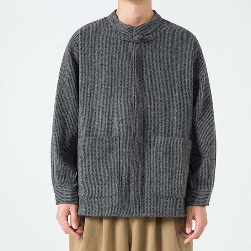 Veste en Buddha Stones côtelé de coton à manches longues et boutons grenouille pour homme, couleur unie, avec poches - image 15