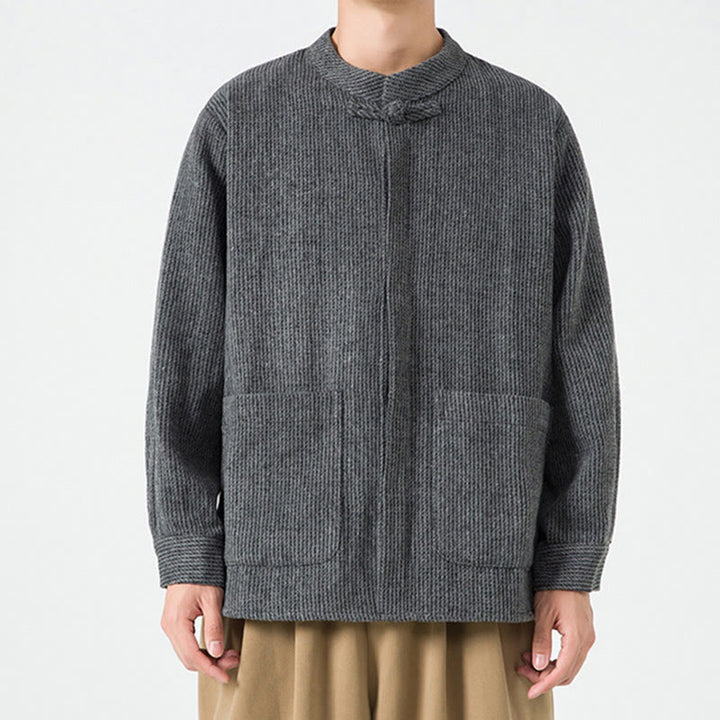 Veste en Buddha Stones côtelé de coton à manches longues et boutons grenouille pour homme, couleur unie, avec poches - image 15