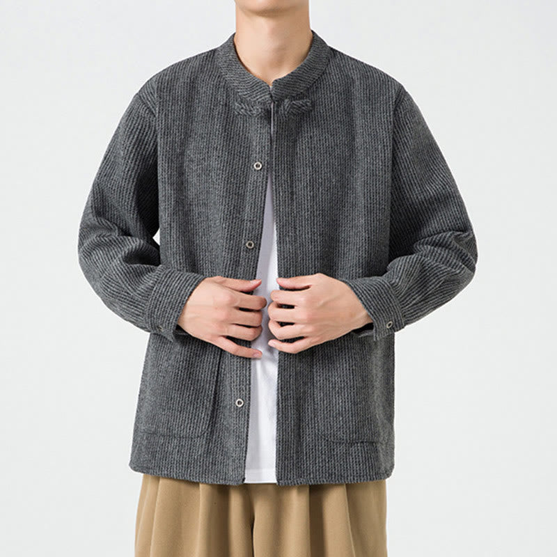 Veste en Buddha Stones côtelé de coton à manches longues et boutons grenouille pour homme, couleur unie, avec poches - image 12