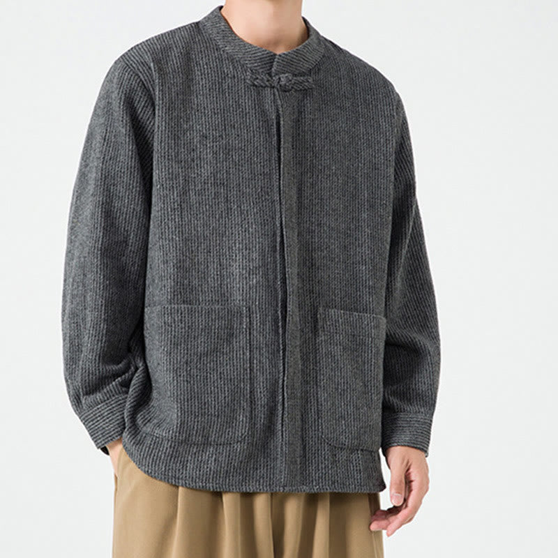 Veste en Buddha Stones côtelé de coton à manches longues et boutons grenouille pour homme, couleur unie, avec poches - image 13