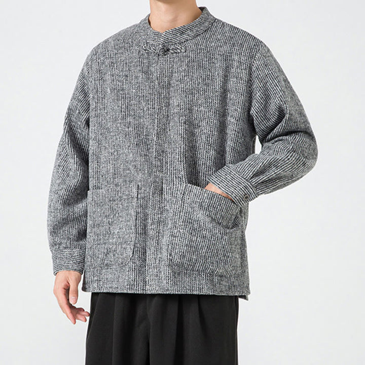 Veste en Buddha Stones côtelé de coton à manches longues et boutons grenouille pour homme, couleur unie, avec poches - image 23