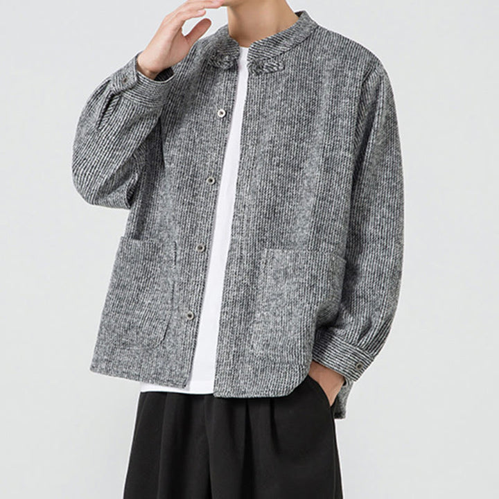 Veste en Buddha Stones côtelé de coton à manches longues et boutons grenouille pour homme, couleur unie, avec poches - image 27