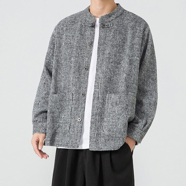 Veste en Buddha Stones côtelé de coton à manches longues et boutons grenouille pour homme, couleur unie, avec poches - image 24