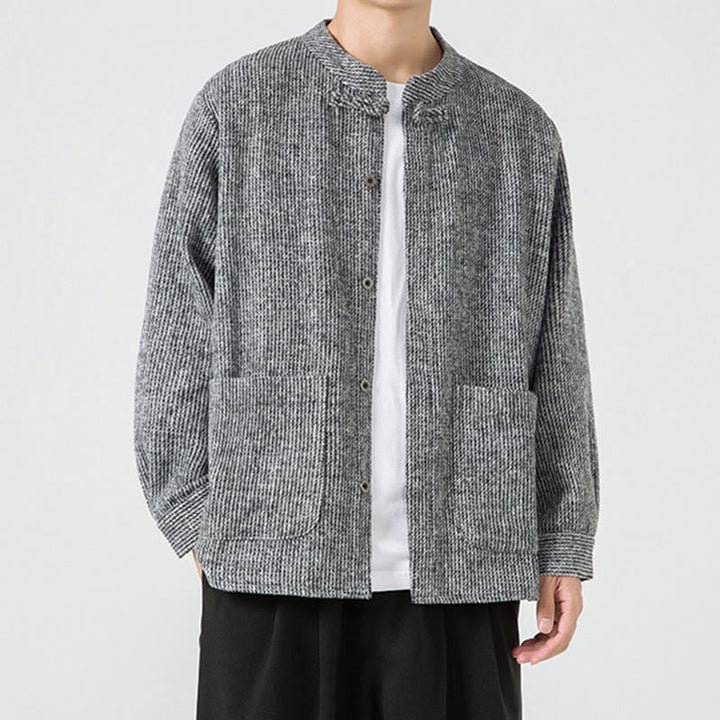 Veste en Buddha Stones côtelé de coton à manches longues et boutons grenouille pour homme, couleur unie, avec poches - image 30
