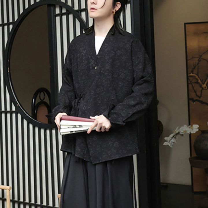 Chemise à manches longues et col en V à imprimé floral Buddha Stones pour homme - image 7