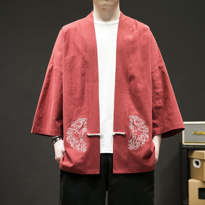Veste kimono en coton à manches longues pour homme, motif Buddha Stones, nuages ​​de bon augure, ouvert sur le devant - Tomate - US/UK/AU46，EU56 (5XL) - image 7