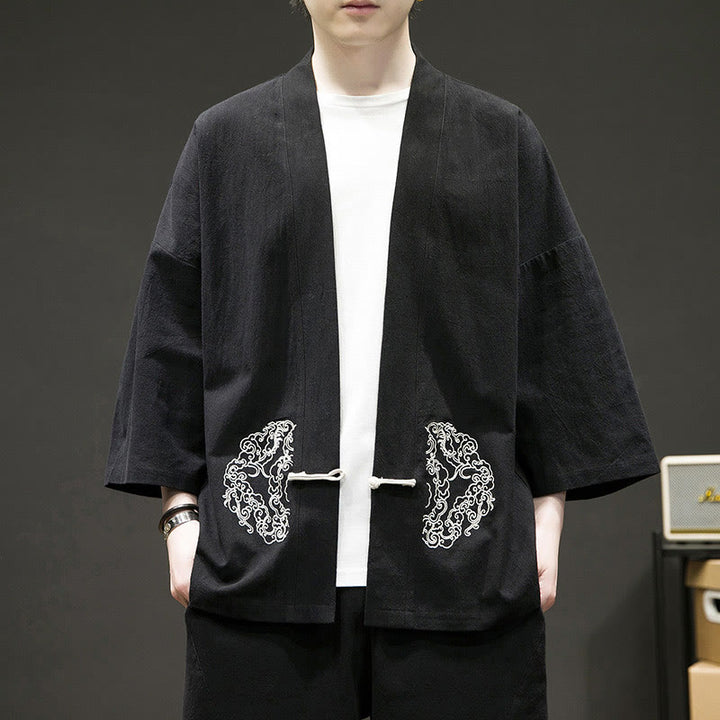 Veste kimono en coton à manches longues pour homme, motif Buddha Stones, nuages ​​de bon augure, ouvert sur le devant - Noir - US/UK/AU46，EU56 (5XL) - image 8