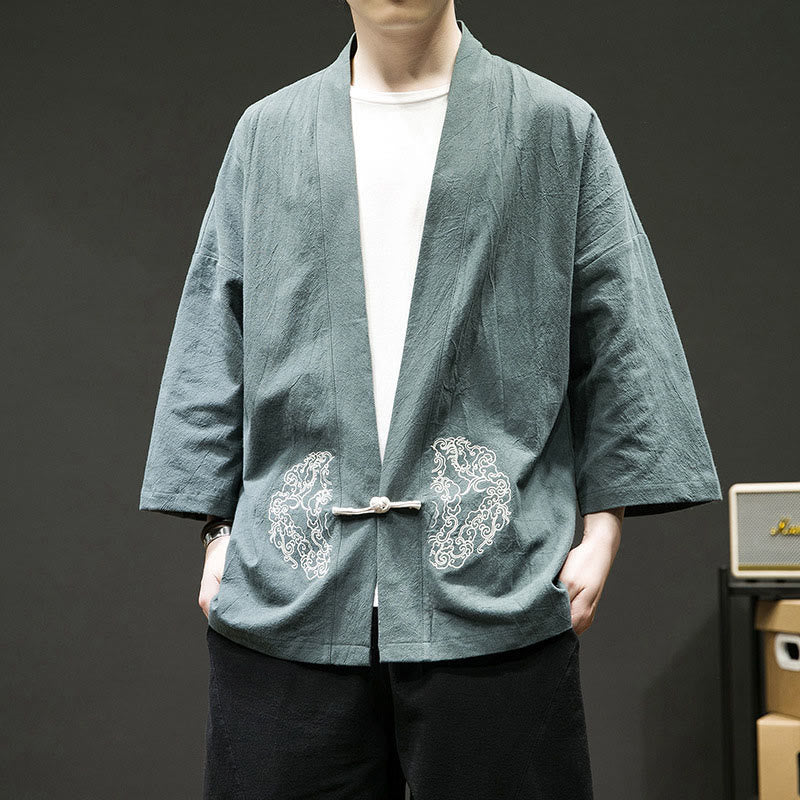 Veste kimono en coton à manches longues pour homme, motif Buddha Stones, nuages ​​de bon augure, ouvert sur le devant - CadetBlue - US/UK/AU46，EU56 (5XL) - image 0