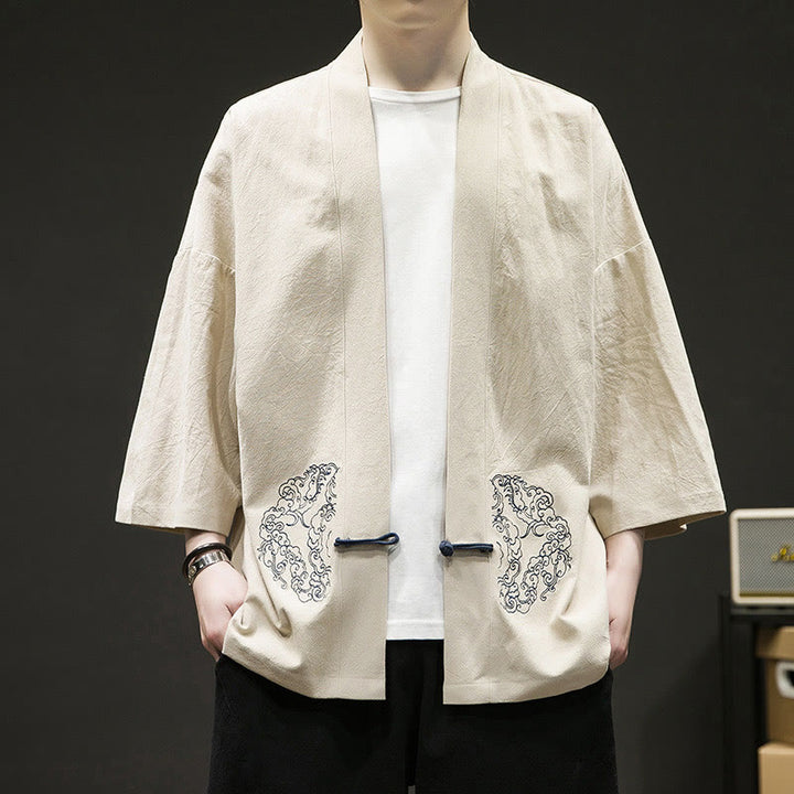 Veste kimono en coton à manches longues pour homme, motif Buddha Stones, nuages ​​de bon augure, ouvert sur le devant - Soie de maïs - US/UK/AU46，EU56 (5XL) - image 3